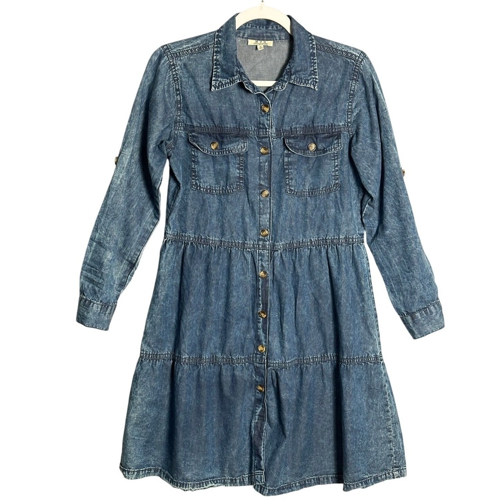 MPH Collection S Acid Wash Tiered Long Sleeve Dress Soft Denim Roll‎ Tab Western